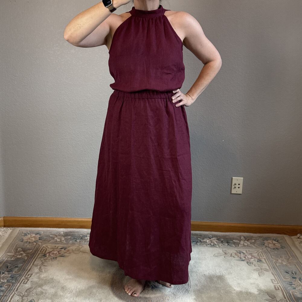 Linen Handmade Studio Alicia Maxi Dress Size XL 16/18 Eggplant Purple Red Pocket